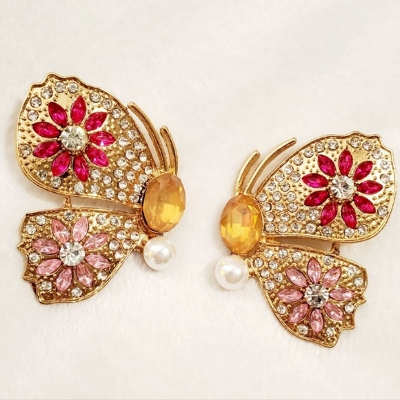 Large Retro Gold Plated Muticolor Crystal flower butterfly earrings - Picture 14 of 16